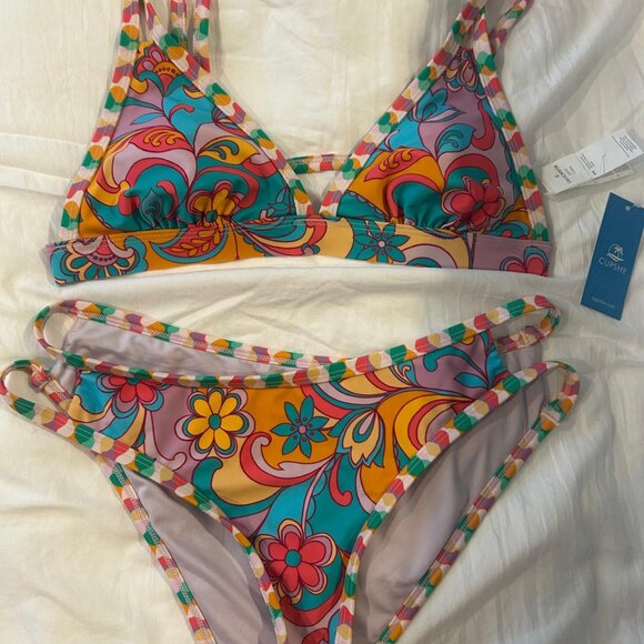 Boho Wavy Striped Strappy V-Neck Top & Cutout Bikini Set - size Small NWT - Picture 3 of 9